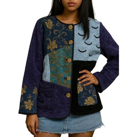 Vintage Tapestry Jacket Patchwork Wood Button Blue Jewel Tones SZM Indigo Moon - Picture 1 of 9